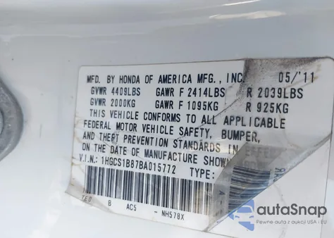 2011 Honda Accord 2.4 Ex-L из США, поврежденный, VIN 1HGCS1B87BA015772